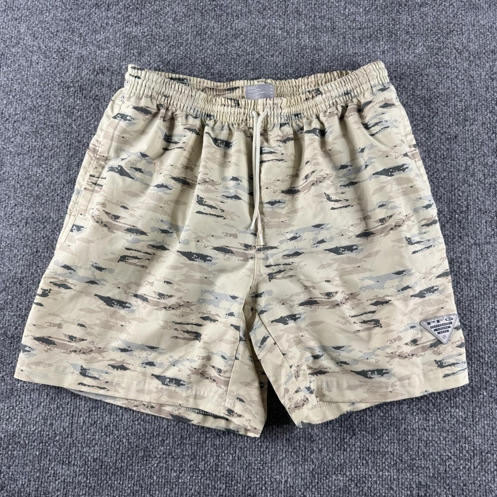 Columbia Swim Shorts Mens M Beige Camo PFG Lined Elastic Waist Fishing Trunks